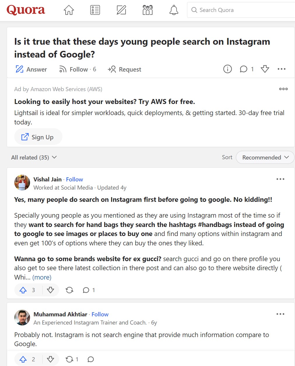 Screenshot Quora suchen Leute auf Instagram statt auf Google?