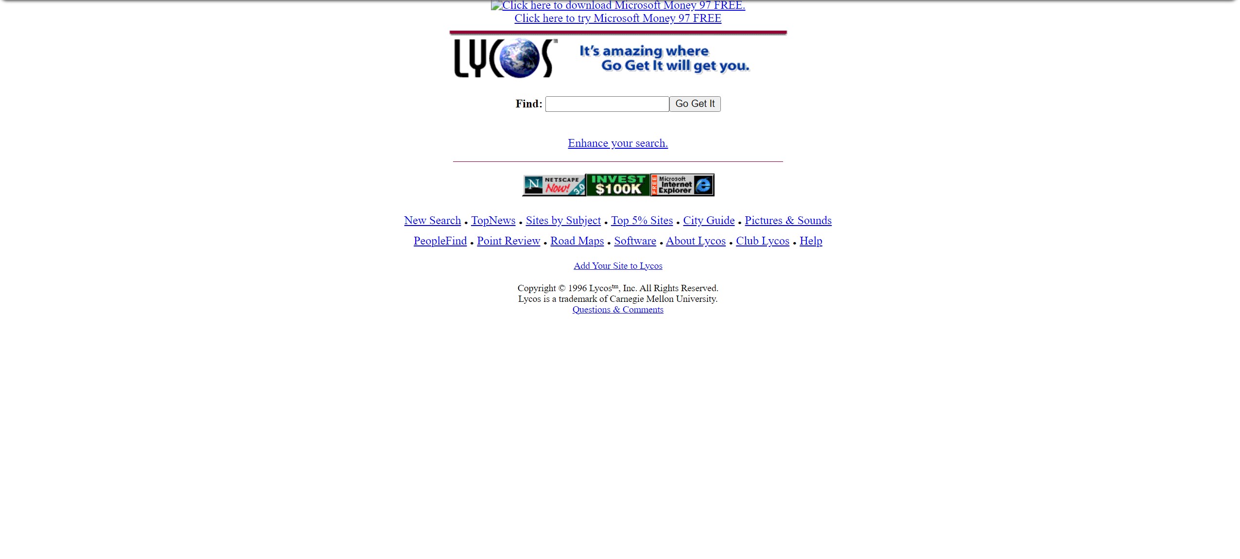 Screenshot Homepage of lycos 1996