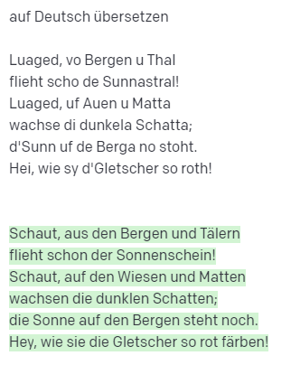 Songtext Luaged, vo Bergen u Thal überstzt von GPT-3 text-davinci-003